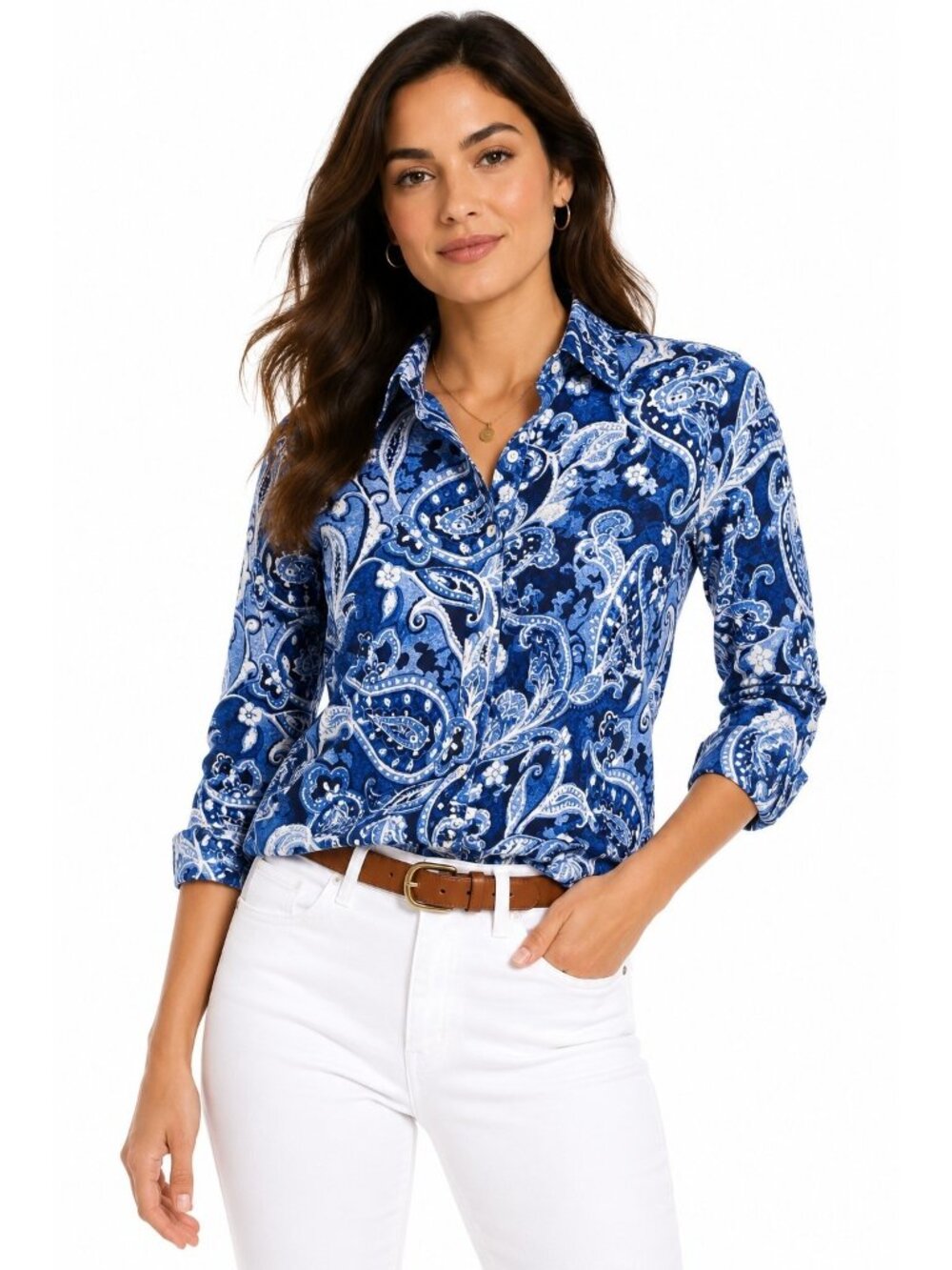 Lauren Ralph Lauren Paisley Button Front Shirt Blue White Cotton Stretch XS